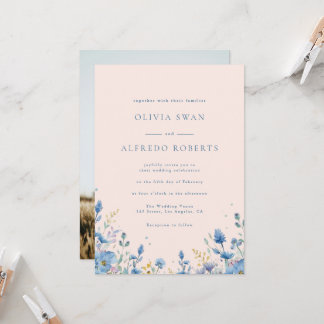 Convites Casamento Floral Azul Terracota Moderna Com Foto