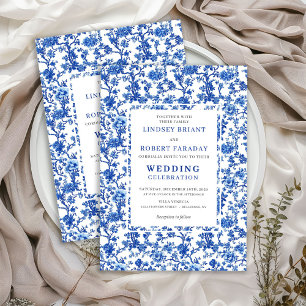 Convites Casamento Floral Azul Toile Francês Tradicional