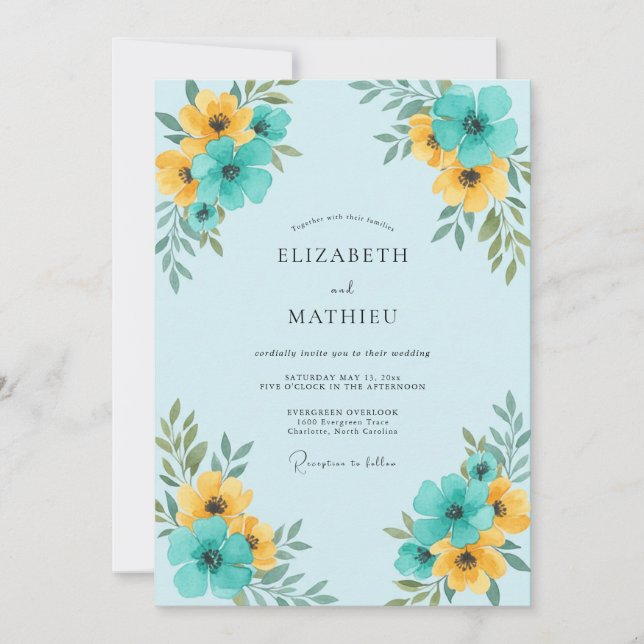 Convites Casamento Floral Azul Turquesa Amarelo (Frente)