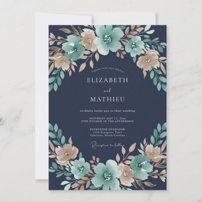Convites Casamento Floral Azul Turquesa de Outono (Frente)