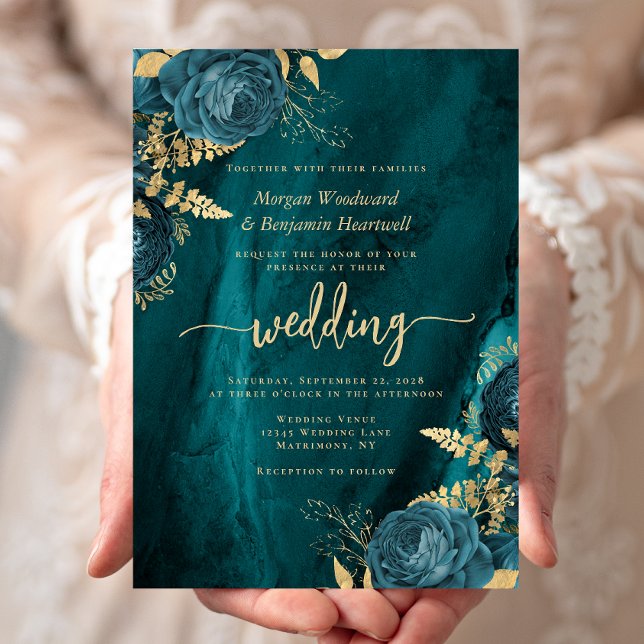 Convites Casamento Floral Azul Turquesa Dourado Elegante (Criador carregado)