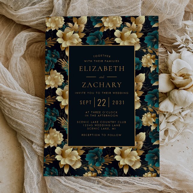 Convites Casamento Floral Azul Turquesa Dourado Marfim Pret (Criador carregado)