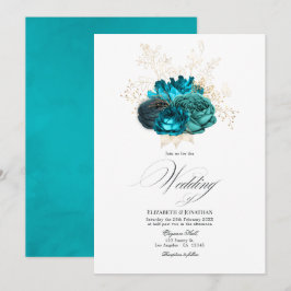 Convites Casamento Floral Azul Turquesa e Dourado