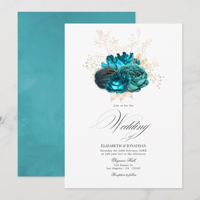 Convites Casamento Floral Azul Turquesa e Dourado (Frente/Verso)