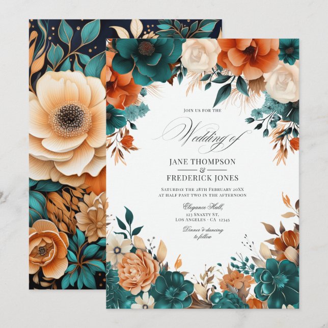 Convites Casamento Floral Azul Turquesa, Laranja Queimada e (Frente/Verso)
