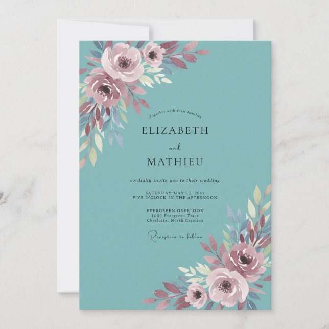 Convites Casamento Floral Azul Turquesa Malva (Frente)
