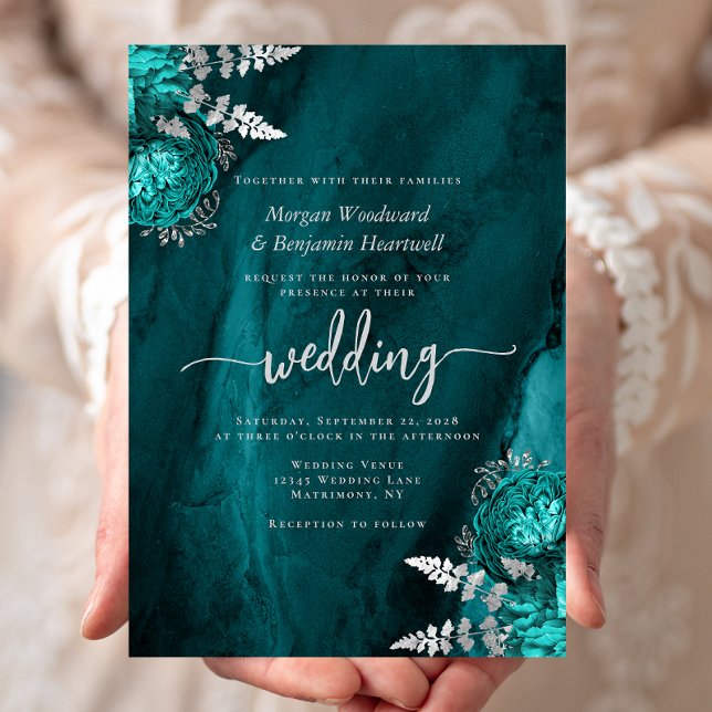 Convites Casamento Floral Azul Turquesa Prateado Elegante (Criador carregado)