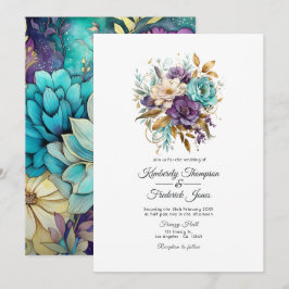 Convites Casamento Floral Azul Turquesa, Roxo e Dourado