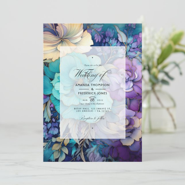 Convites Casamento Floral Azul Turquesa, Roxo e Dourado (Em pé/Frente)