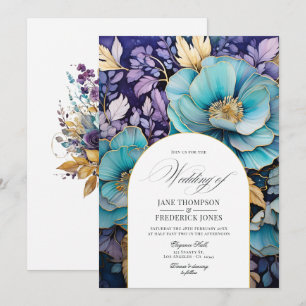 Convites Casamento Floral Azul Turquesa, Roxo e Dourado