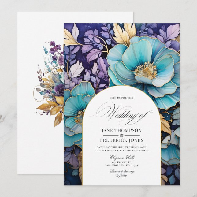 Convites Casamento Floral Azul Turquesa, Roxo e Dourado (Frente/Verso)