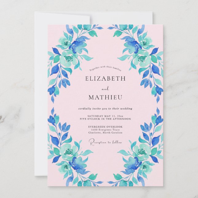 Convites Casamento Floral Azul Verde Pintado (Frente)