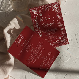 Convites Casamento Floral Azul Vermelho Escuro Clássico Tud