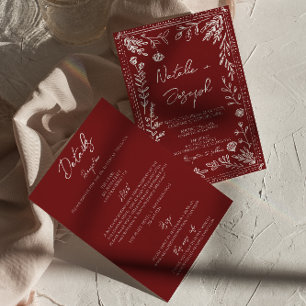 Convites Casamento Floral Azul Vermelho Escuro Clássico Tud