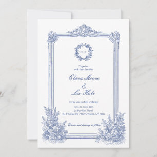 Convites Casamento Floral Azul Victoriano Francês Elegante