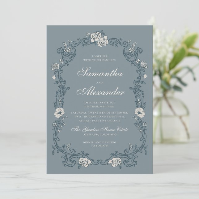 Convites Casamento Floral Azul Vintage (Em pé/Frente)