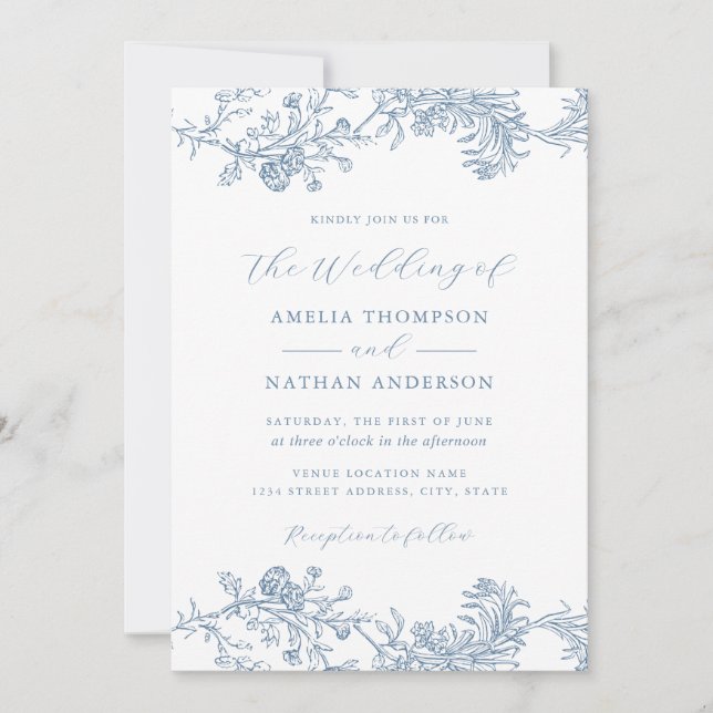 Convites Casamento Floral Azul Vintage (Frente)