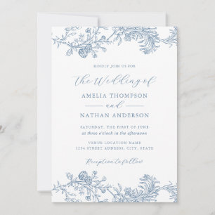 Convites Casamento Floral Azul Vintage