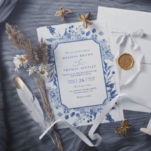 Convites Casamento Floral Azul Vintage Elegante Moderno Cód