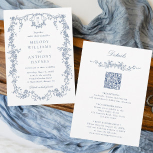 Convites Casamento Floral Azul Vitoriano Francês