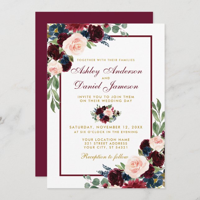 Convites Casamento Floral B Azul Da Burgundy (Frente/Verso)