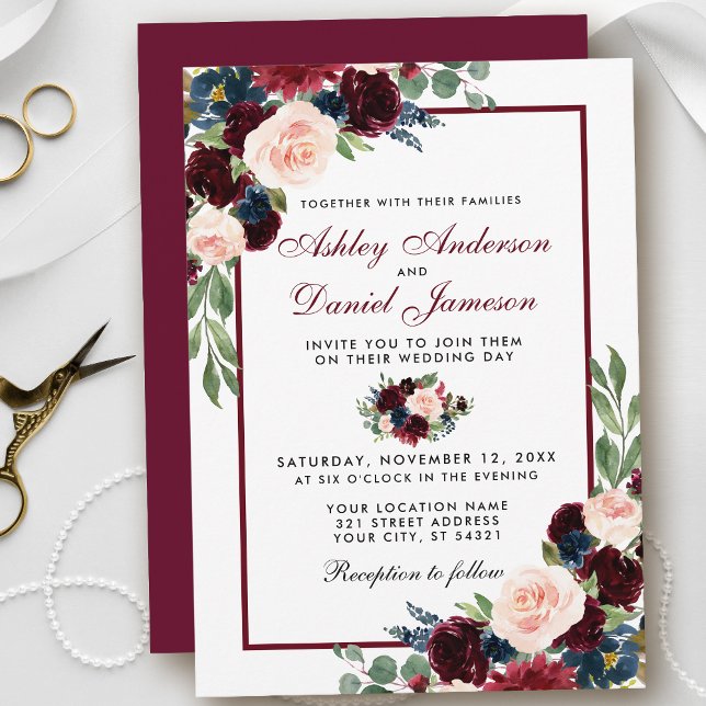 Convites Casamento Floral B Azul Da Burgundy (Customize to change text color, style, add text & photos to back or change color of back of card.)