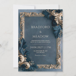 Convites Casamento Floral Barroco Dourado Marinho