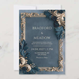 Convites Casamento Floral Barroco Dourado Marinho