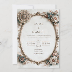 Convites Casamento Floral Barroco em Azul Poeira