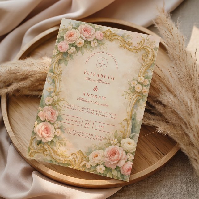 Convites Casamento Floral Barroco em Rosa Dourado (Criador carregado)