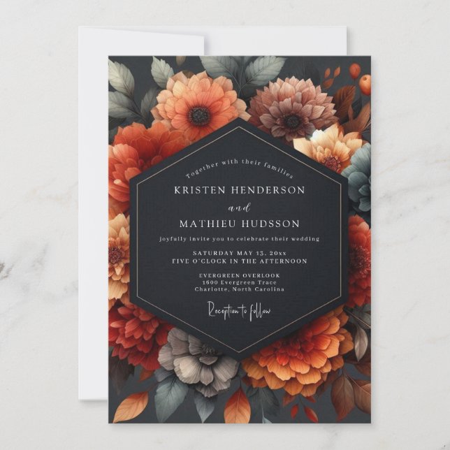 Convites Casamento Floral Barroco Laranja Queimada (Frente)