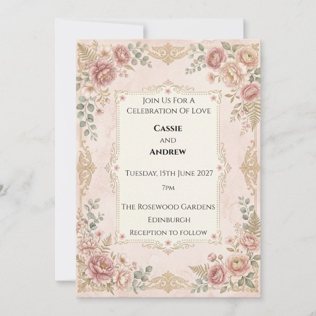 Convites Casamento Floral Bege (Frente)