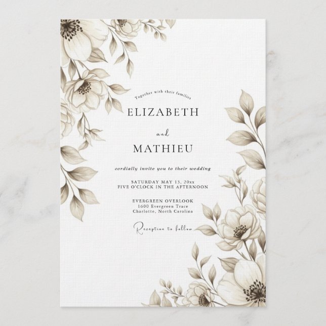 Convites Casamento Floral Bege (Frente)