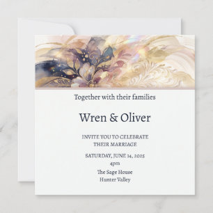 Convites Casamento Floral Bege Azul-Marinho