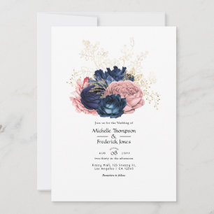 Convites Casamento Floral Bege, Azul Marinho e Dourado