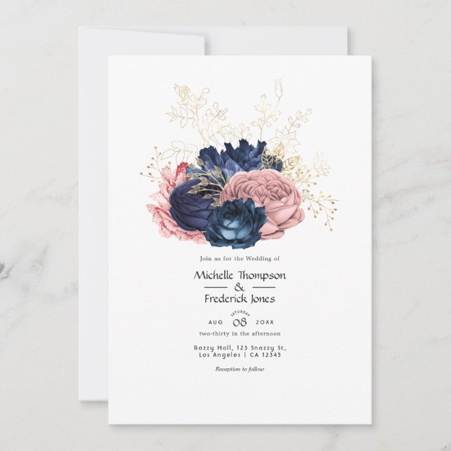 Convites Casamento Floral Bege, Azul Marinho e Dourado (Frente)