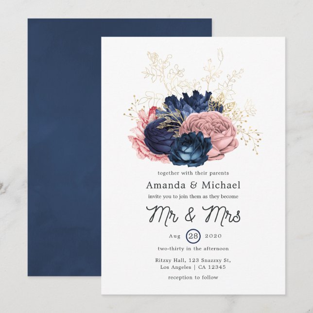 Convites Casamento Floral Bege, Azul Marinho e Dourado (Frente/Verso)
