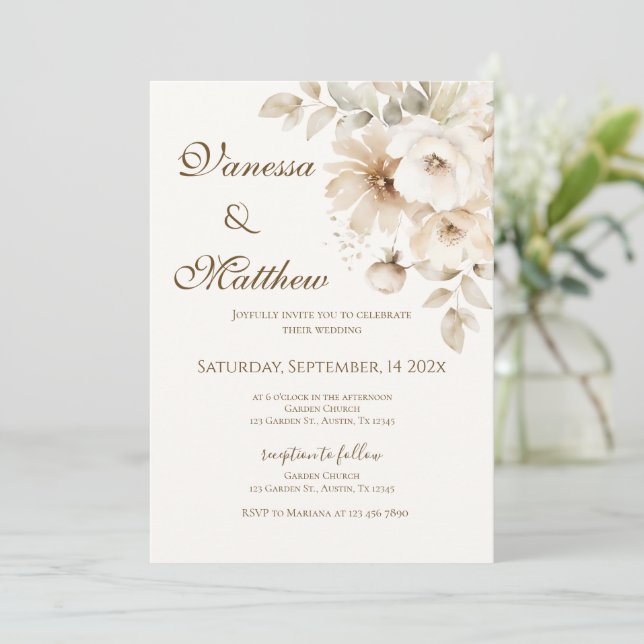 Convites Casamento floral bege Boho (Em pé/Frente)