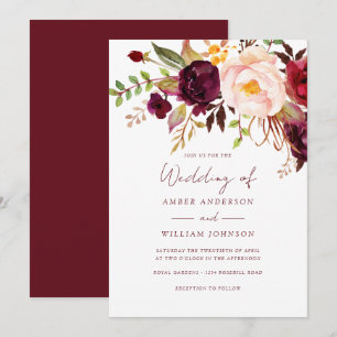 Convites Casamento Floral Bege Borgonha  