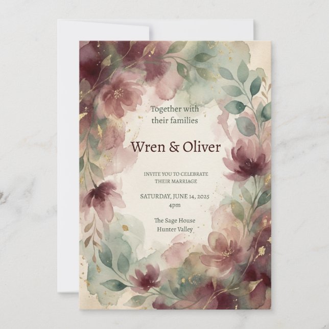 Convites Casamento Floral Bege Borgonha (Frente)