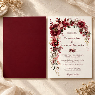 Convites Casamento Floral Bege Borgonha