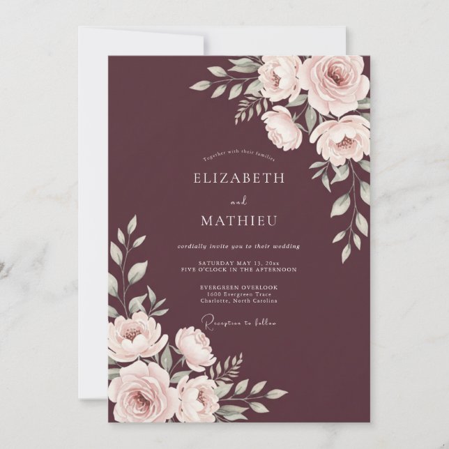 Convites Casamento Floral Bege Borgonha (Frente)
