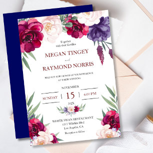 Convites Casamento Floral Bege Borgonha & Azul Naval Peônia