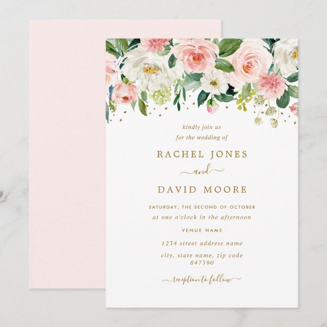 Convites Casamento Floral Bege Dourado (Frente/Verso)