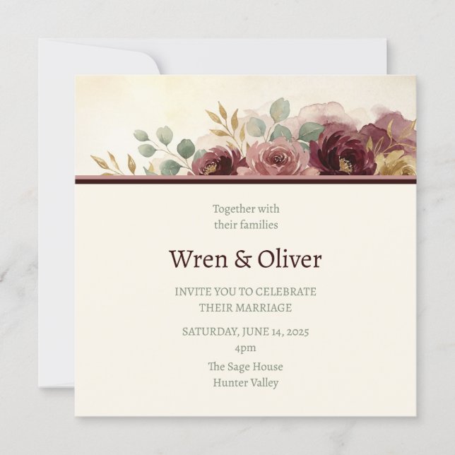 Convites Casamento Floral Bege e Borgonha (Frente)
