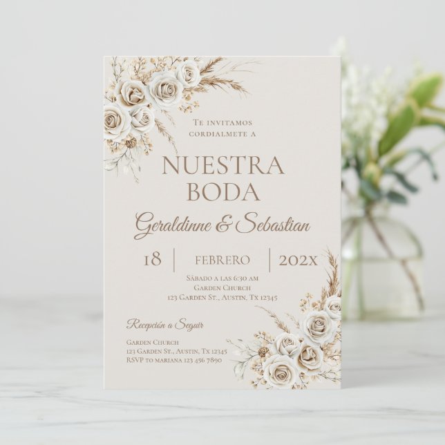 Convites Casamento Floral Bege Elegante (Em pé/Frente)