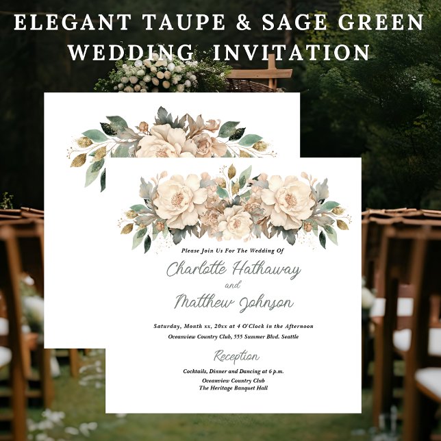 Convites Casamento Floral Bege Elegante com Verde Sage (Elegant Taupe Floral Wedding Invitation with Sage Green)