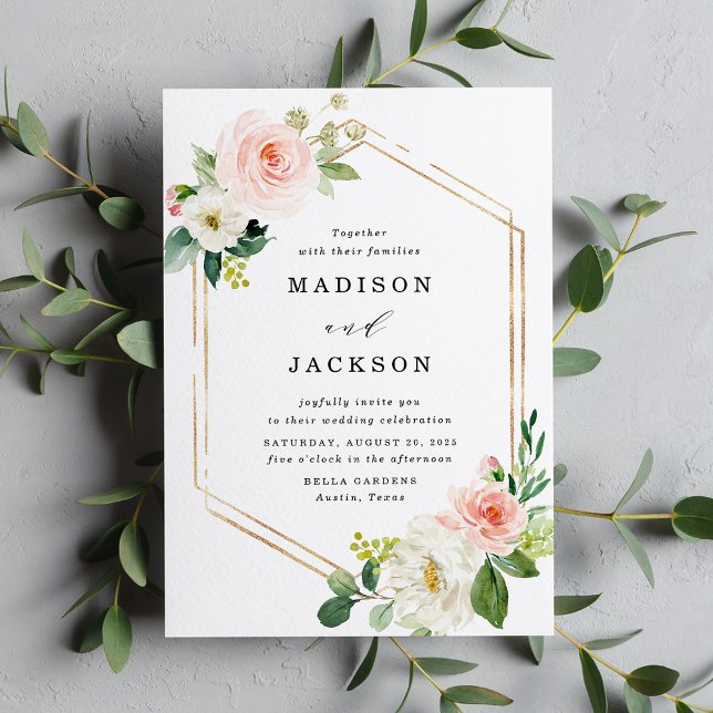 Convites Casamento Floral Bege Elegante Quadro Dourado (Criador carregado)
