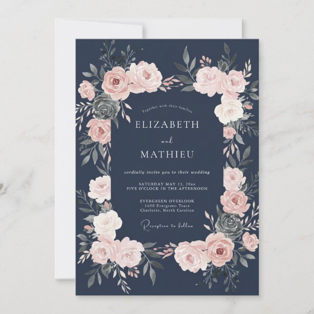 Convites Casamento Floral Bege Marinho (Frente)