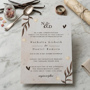 Convites Casamento Floral Bege Marrom Botânico Minimalista